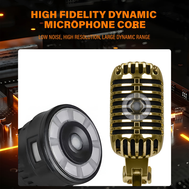 Microfono Vocal Dinámico Clásico XGeS GW55 - Acabado Metálico Dorado con Acentos Negros, Jack de 6.35mm, Funcionamiento con Alimentación por Enchufe, Ideal para Karaoke, Actuaciones En Vivo y Fiestas Musicales, Música Rock, Soporte Universal