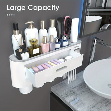 1 Juego De 2/3/4 Piezas, Porta Cepillos De Dientes Para Baños, Vasos Porta Cepillos, Montado En La Pared Con Dispensador De Pasta De Dientes, Bandeja De Gran Capacidad, 2 Cajones Para Cosméticos, Organizador De Baño Y Accesorios De Baño