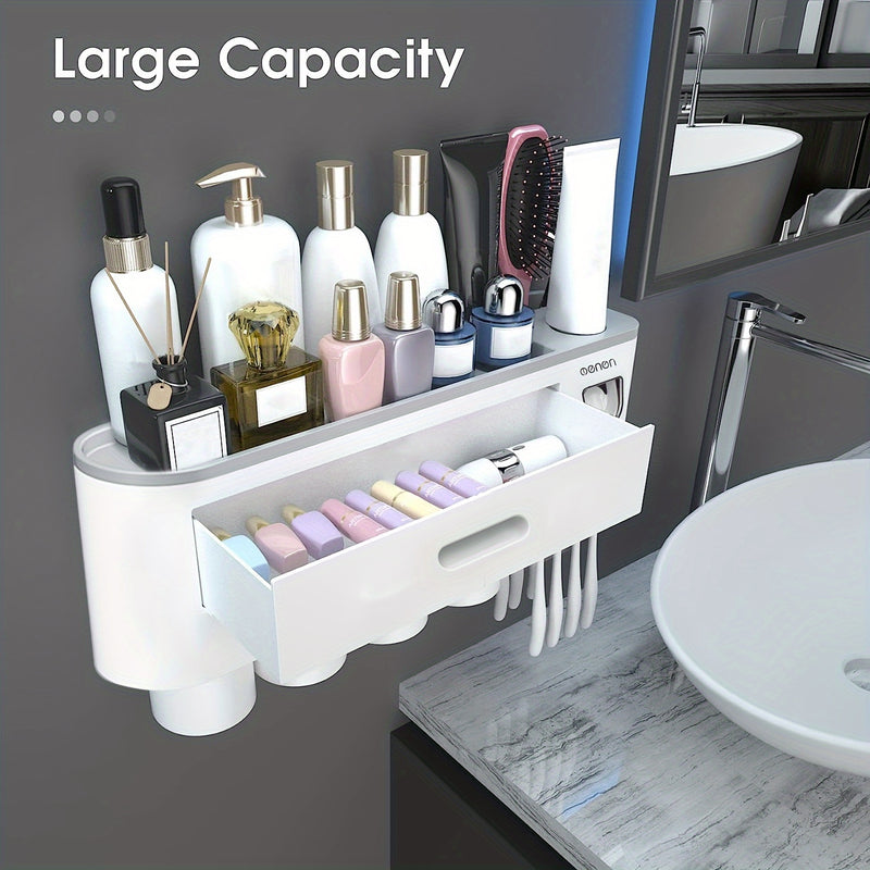 1 Juego De 2/3/4 Piezas, Porta Cepillos De Dientes Para Baños, Vasos Porta Cepillos, Montado En La Pared Con Dispensador De Pasta De Dientes, Bandeja De Gran Capacidad, 2 Cajones Para Cosméticos, Organizador De Baño Y Accesorios De Baño