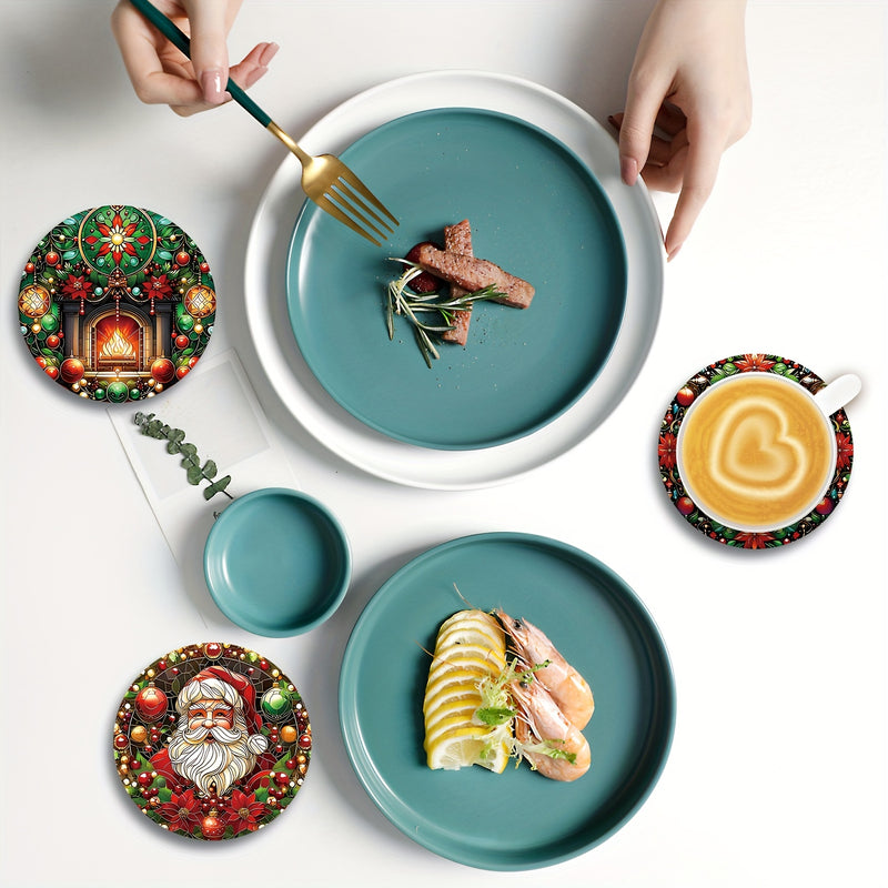 8 piezas Conjunto de posavasos de madera festivos de Navidad - Resistente al calor, lavable a mano, para bebidas, café, oficina, cocina, decoración de mesa, regalo de vacaciones, diámetro de 9,98 cm