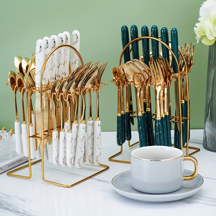 Juego de Cubiertos de Acero Inoxidable de 24 Piezas con Mangos de Cerámica, Cubiertos Elegantes para Comidas y Postres, Incluye Cuchillos, Tenedores, Cucharas, Cucharitas - Ideal para Uso en Casa, Restaurante, Hotel, Utensilios de Cocina