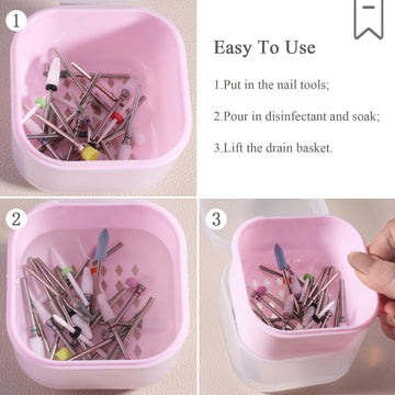 1pc Herramienta de Manicura, Contenedor para Esterilización de Caja Limpiadora de Uñas, Bandeja de Desinfección Adecuada para Accesorios de Manicura con Canasta de Drenaje Rosa