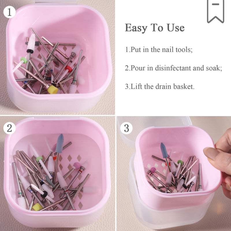 1pc Herramienta de Manicura, Contenedor para Esterilización de Caja Limpiadora de Uñas, Bandeja de Desinfección Adecuada para Accesorios de Manicura con Canasta de Drenaje Rosa