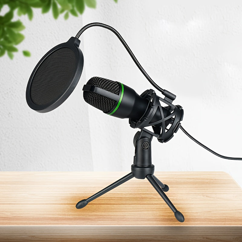 Micrófono de juego de 3,5 mm con alimentación USB, filtro de pop y soporte ajustable - Micrófono de voz con cancelación de ruido para transmisión en vivo, grabación, KTV - Negro, micrófono para juegos, configuración de transmisión, diseño elegante, const
