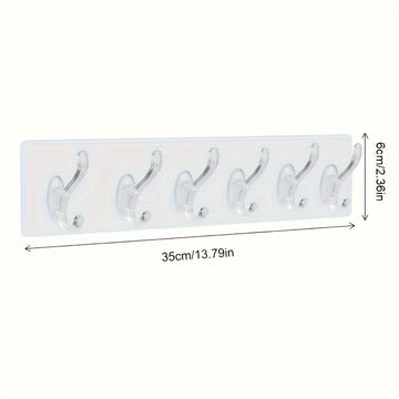 Ganchos de plástico transparente para pared - Fácil instalación, sin perforaciones, adhesivo sin rastro, fila de 6 ganchos para almacenamiento de baño y armario