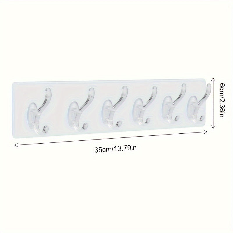 Ganchos de plástico transparente para pared - Fácil instalación, sin perforaciones, adhesivo sin rastro, fila de 6 ganchos para almacenamiento de baño y armario