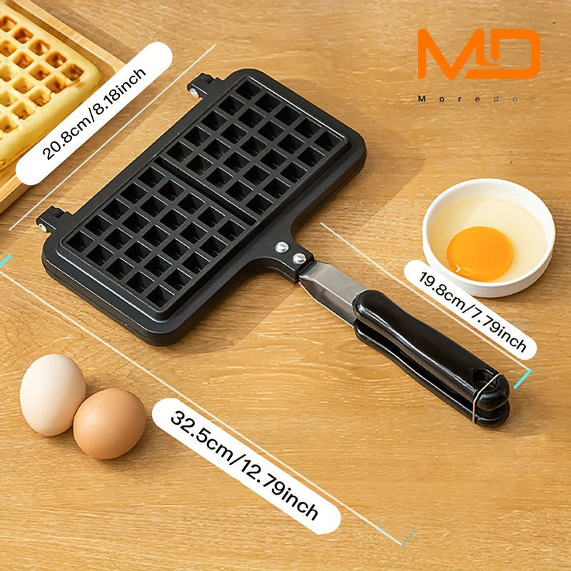 1pc MOREDOR Mini Máquina para Waffles - Sartén Rectangular Antiadherente de Doble Cabeza con Mango Antiescaldado y Revestimiento Fácil de Limpiar para Panqueques, Paninis, Desayunos, Bocadillos - Segura en Estufa, Sin Necesidad de Electricidad, Pequeña M