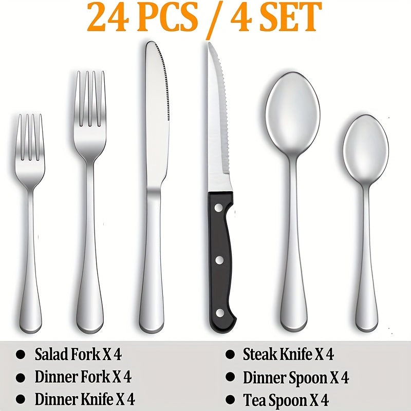 Juego de 24 piezas de cubertería negra, juego de cuchillo y tenedor de acero inoxidable, cuchillo y tenedor de bistec creativo plateado, cuchara y tenedor, cuchara de postre, adecuado para restaurantes en casa, apto para lavavajillas.