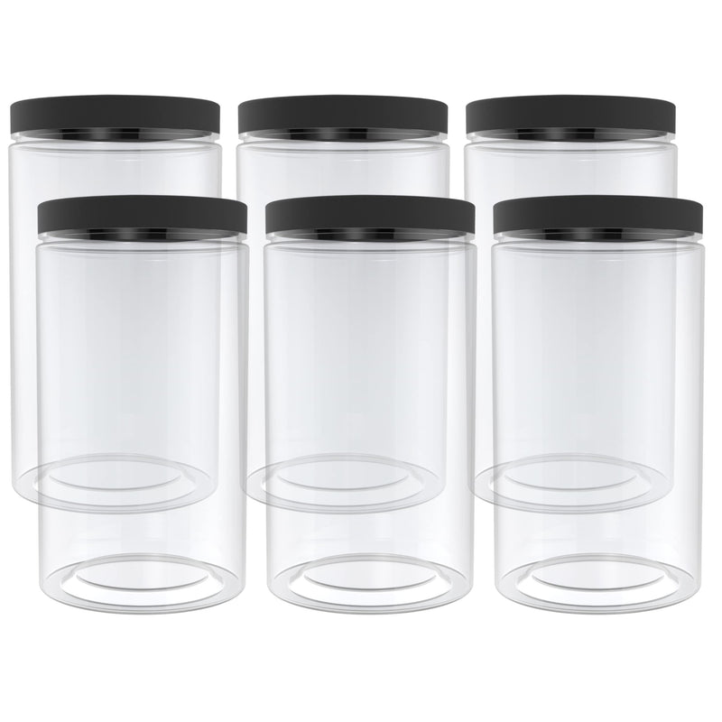 6pcs Tarros de Almacenamiento de Alimentos PET Transparentes de 43oz con Tapas Negras Lisas - Sin BPA, Boca Ancha para Vertido y Limpieza Fácil - Perfectos para la Organización del Despensa de la Cocina