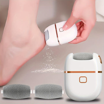 FEIYBA Eliminador Eléctrico y Lijadora de Pies - Lima de Uñas con Carga USB, 2 Velocidades (Rápido/Lento), 3 Cabezales Reemplazables, Herramienta Inalámbrica para Talones Agrietados, Manos y Pies - Diseño Blanco y Dorado, Dispositivo Profesional de Pedic