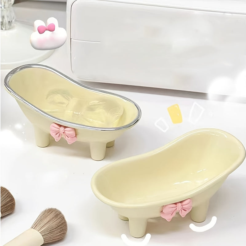1pc Elegante Jabonera con Forma de Bañera y Adorno de Lazo Rosa - Soporte de Drenaje Ovalado de Plástico para Baño y Lavabo, Ideal para Almacenamiento de Jabón