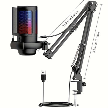 Micrófono de condensador de escritorio USB, micrófono de grabación para videoconferencias y llamadas de voz de juegos, con soporte de caballete, reducción de ruido, luz RGB, táctil, adecuado para computadoras PC, portátiles, transmisiones en vivo, podcas