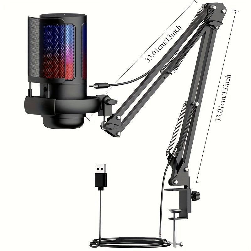 Micrófono de condensador de escritorio USB, micrófono de grabación para videoconferencias y llamadas de voz de juegos, con soporte de caballete, reducción de ruido, luz RGB, táctil, adecuado para computadoras PC, portátiles, transmisiones en vivo, podcas