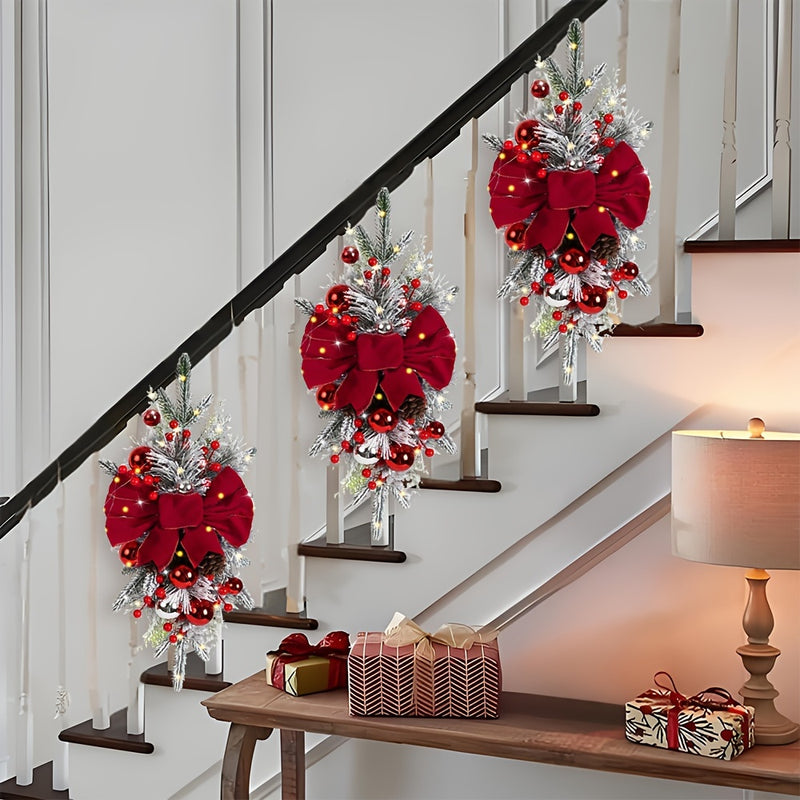 Guirnalda de Escalera de Navidad de 3 pzas de 22.83in Estilo Americana Hecha a Mano con Piñas Falsas, Lazos Rojos y Sin Plumas - Decoraciones Festivas sin Electricidad para el Hogar, Fiesta y Vacaciones - Perfecta para Uso en Interiores y Exteriores