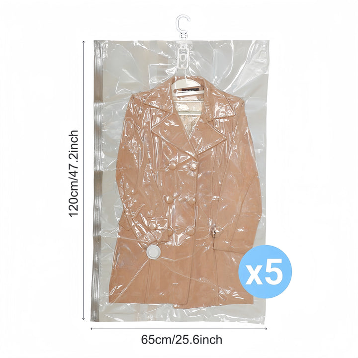 Bolsas de almacenamiento de vacío colgantes de 5 piezas, bolsas de ropa de plástico rectangular multipropósito con cierre de cremallera para abrigos de invierno, trajes, chaquetas y chaquetas de plumón - Organizador de armario ahorrador de espacio, no ne