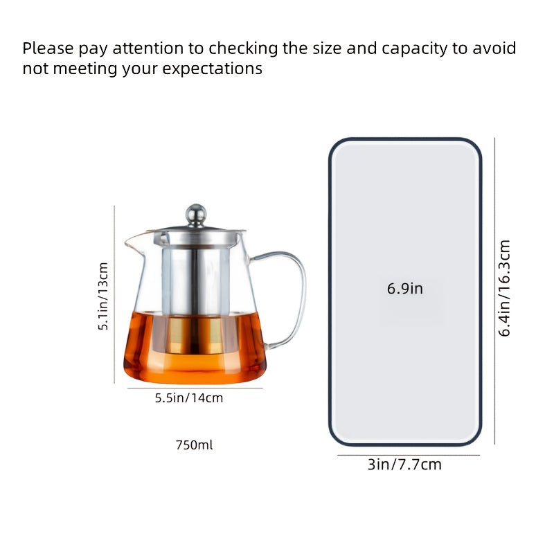 1 pieza, juego de 1 unidad, tetera transparente resistente al calor de borosilicato con asa y tapa, capacidad grande de 550ml/750ml, cuerpo recto con filtro interior de acero inoxidable para infusionar hojas de té, pétalos de rosa, bayas goji, flores, te