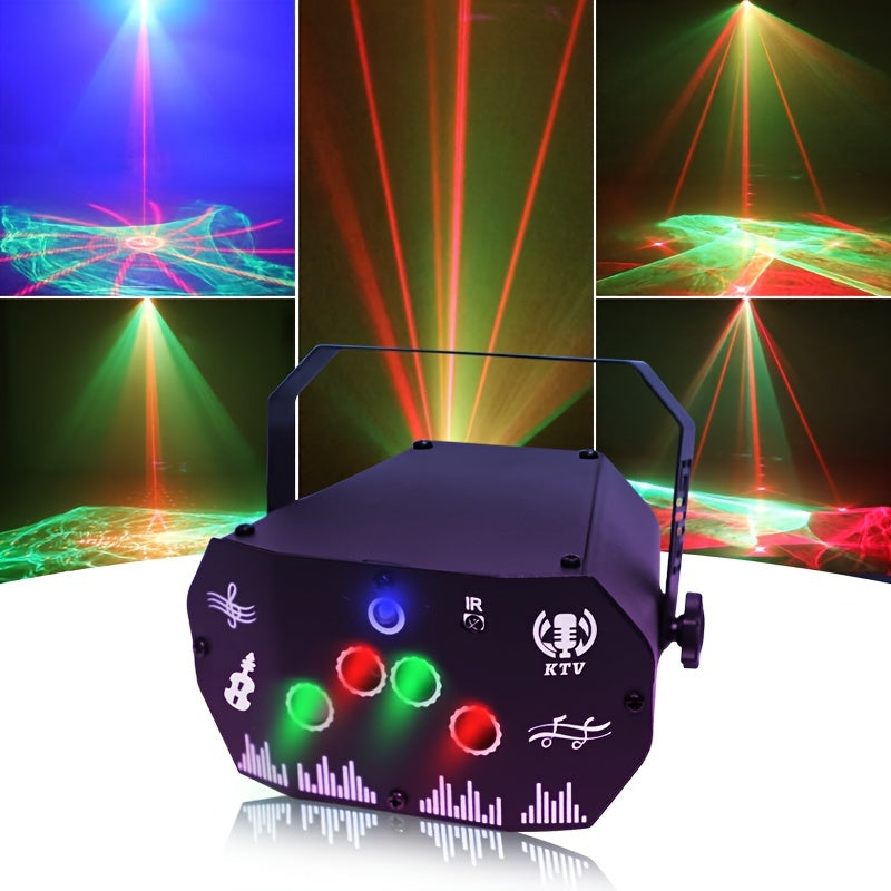 Proyector de luz de escenario mini de hierro negro con patrones dinámicos rojos y verdes, alimentado por USB con sensor de infrarrojos, batería de botón no recargable, ideal para KTV, DJ, decoración de fiestas, compatible con Halloween, Acción de Gracias