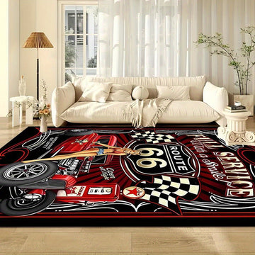 1pc Alfombra de Coche de Carreras y Ruta 66, Adecuada para Cocina, Pasillo, Dormitorio, Baño o Sala, Felpudo Ligero Antideslizante Lavable a Máquina y Grueso para Interior/Exterior