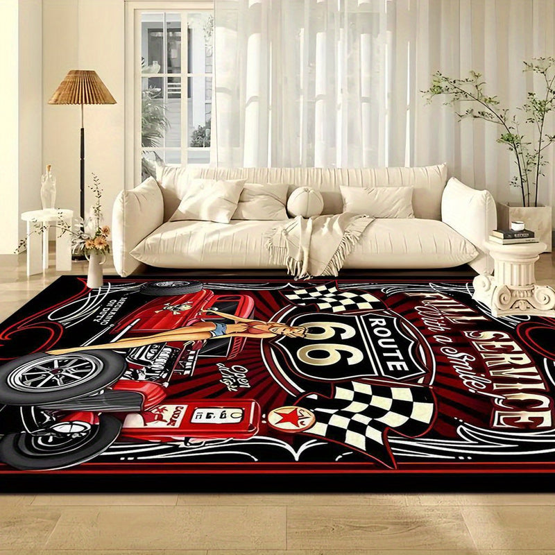 1pc Alfombra de Coche de Carreras y Ruta 66, Adecuada para Cocina, Pasillo, Dormitorio, Baño o Sala, Felpudo Ligero Antideslizante Lavable a Máquina y Grueso para Interior/Exterior