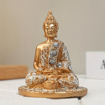 1pc Quemador de incienso de Buda dorado elegante, arte de resina con acentos de cristal, decoración zen para meditación, yoga, sala de té - Porta incienso sin humo para días festivos conmemorativos
