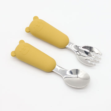 Cubiertos de acero inoxidable 304 estilo caricatura, cuchara y tenedor con diseño de oso de silicón