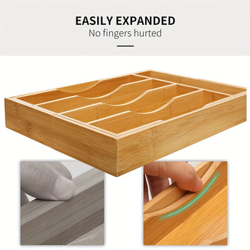 Caixa de Almacenamiento Extensible para Cubiertos de Teca, Organizador de Cajón de Teca, Bandeja para Utensilios con Divisores Estriados, Adecuado para la Organización de Cubertería y Herramientas de Cocina en Dormitorio o Sala de Estar