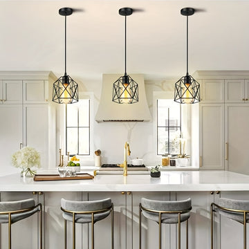 Lámpara colgante de estilo industrial E27 con base de tornillo negro - Candelabro de hierro rústico con diseño geométrico para cocina, bar, comedor y escalera, montaje semi-inclinado, cableado duro, 110-240V, no incluye bombilla, iluminación de cocina |