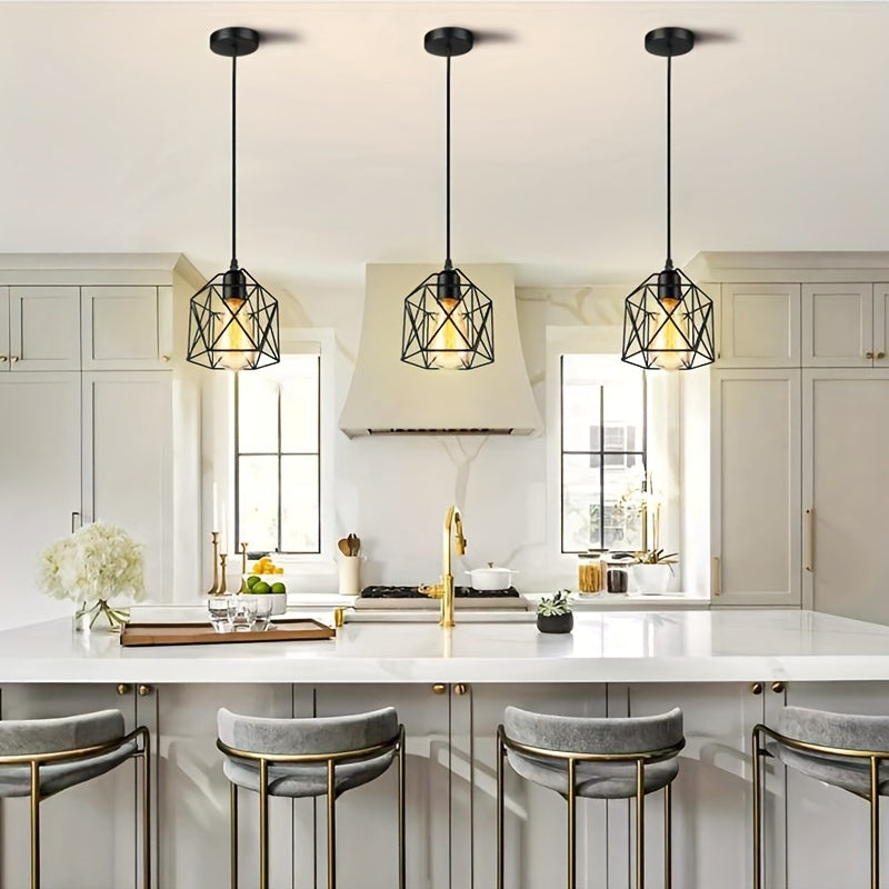 Lámpara colgante de estilo industrial E27 con base de tornillo negro - Candelabro de hierro rústico con diseño geométrico para cocina, bar, comedor y escalera, montaje semi-inclinado, cableado duro, 110-240V, no incluye bombilla, iluminación de cocina |