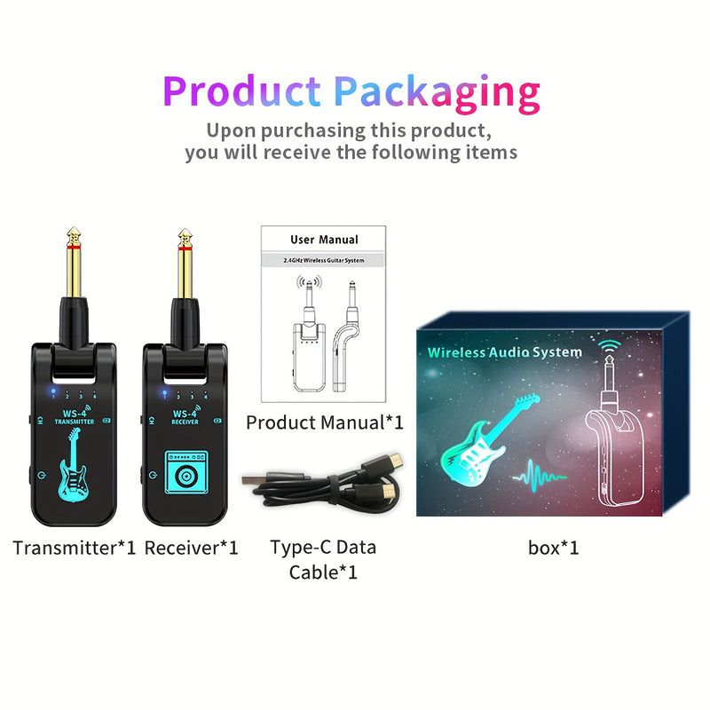 Sistema inalámbrico para guitarra de 2.4 GHz con batería recargable - Chip de alta calidad, 10 horas de duración, emparejamiento automático para guitarras eléctricas, bajos y más - Negro, transmisor inalámbrico para guitarra