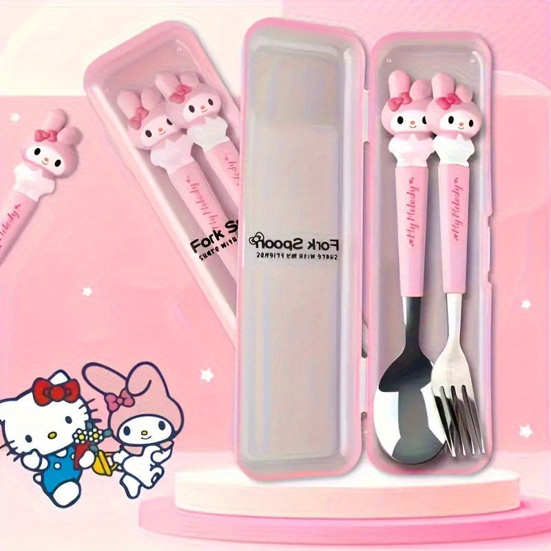 Juego de cubiertos de viaje Sanrio, 2 piezas de acero inoxidable, tenedor y cuchara portátiles