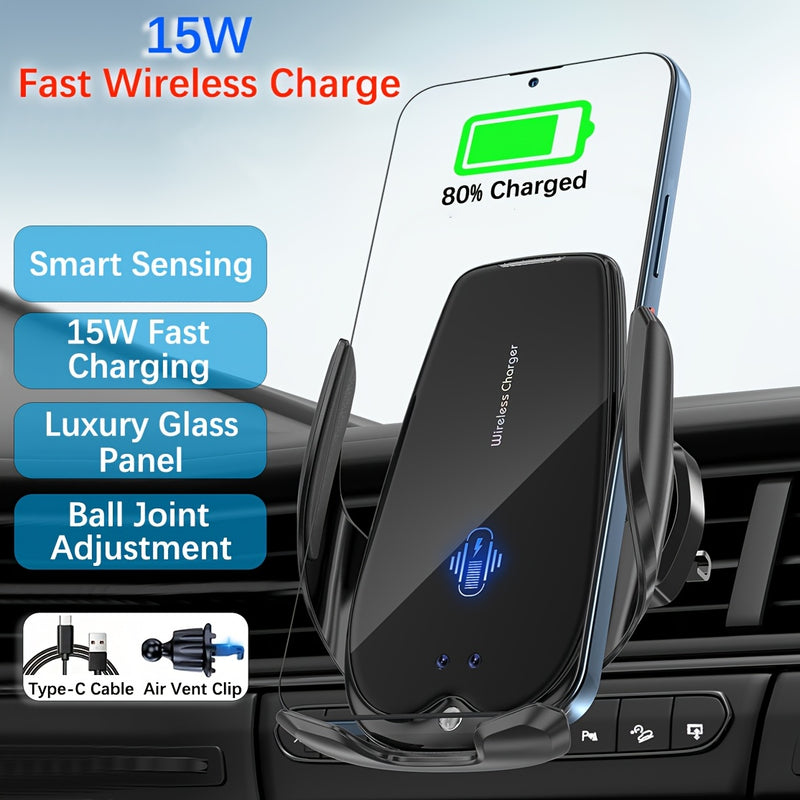 Cargador de coche inalámbrico de 15W con auto-enganche, rotación de 360° - Conector USB, compatible con iPhone 17/16/15/14/13/12/11 Pro Max/Xs, Samsung Galaxy S24 Ultra/S23/S22/S21/S20/S10+, teléfonos de Google y más - Sin batería, carga rápida de 15W