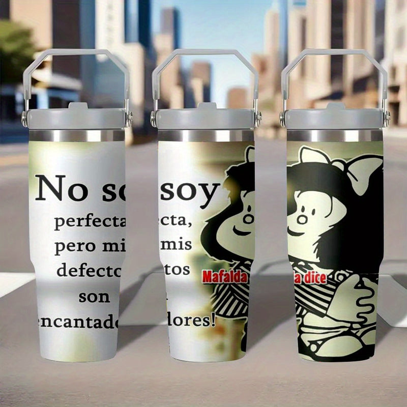 1pieza Mafalda Personaje de Dibujos Animados Taza de Acero Inoxidable de 30oz, Impermeable, Solo Lavar a Mano, Taza de Viaje Reutilizable Multipropósito, Ideal para Regalo