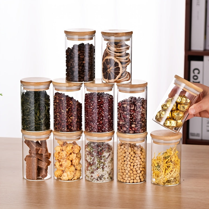 Juego de 12 Piezas, Tarro Redondo Transparente de Vidrio Borosilicato con Tapa de Bambú y Cierre Hermético para Almacenar Snacks o Té