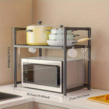 Organizador de cocina de 2 niveles para microondas con estantes de rejilla diamantada, amplio y resistente, ideal para microondas, tostadora y electrodomésticos, incluye asas y ganchos, construcción duradera de plástico/metal, diseño ahorrador de espacio