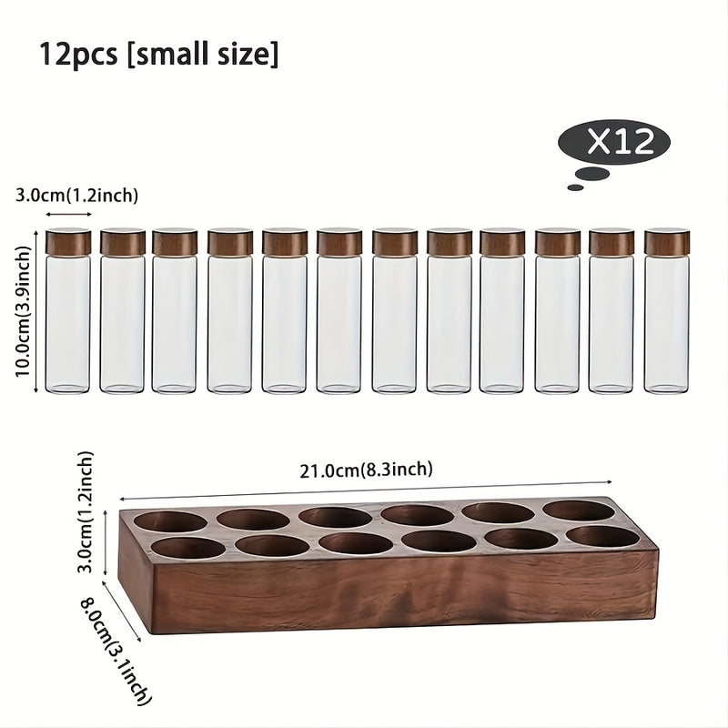 Juego de 6/12 Contenedores Multifuncionales, Frascos de Vidrio con Tapas ABS y Bases de Nogal para Café, Semillas, Miel, Especias y Aceites Esenciales - Incluye Soporte Decorativo, Ideal para Cafeterías y Cocina