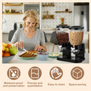 Dispensador de granos de 2 litros con dos tazas, contenedor de almacenamiento de alimentos secos con soporte de dos cabezas para caramelos, nueces, arroz, avena, granos, etc., material PET, forma redonda, tapa giratoria, solo lavado a mano, uso múltiple