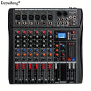 Mezclador de audio profesional DEPUSHENG de 6/8/12 canales - Negro, encendido, 110V-130V, estándar estadounidense, con USB, XLR, alimentación fantasma y entradas/salidas RCA para DJs, estudios y bares
