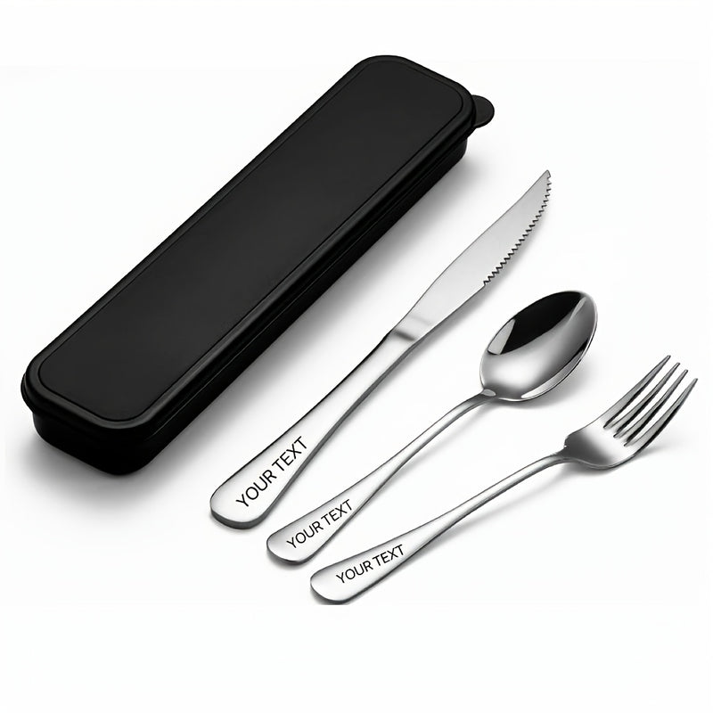 Juego de cubiertos de viaje personalizado de 4 piezas de acero inoxidable, cuchillo, tenedor, cuchara, con juego de cubiertos portátil, juego de cubiertos reutilizables de acero inoxidable, adecuado para acampar, hacer picnic, hacer senderismo, oficina,