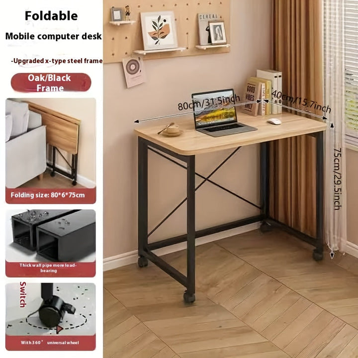 Mesa plegable portátil para el hogar y la oficina - Mesa de estudio para dormitorio, mesa de escritura para estudiantes con estante de almacenamiento y mesa de computadora de 6 ruedas | Adecuada para espacios pequeños, mesa de noche plegable | Marrón
