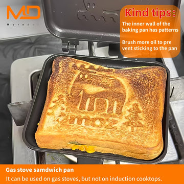 MOREDOR 1 pieza Sartén de Doble Cara con Relieve de Alce Antiadherente y Mango de Madera Extraíble, Fabricante de Sándwiches de Aluminio para Desayuno, Sándwiches, Cocina Casera - Fácil Limpieza y Distribución Uniforme del Calor
