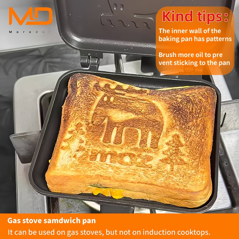 MOREDOR 1 pieza Sartén de Doble Cara con Relieve de Alce Antiadherente y Mango de Madera Extraíble, Fabricante de Sándwiches de Aluminio para Desayuno, Sándwiches, Cocina Casera - Fácil Limpieza y Distribución Uniforme del Calor
