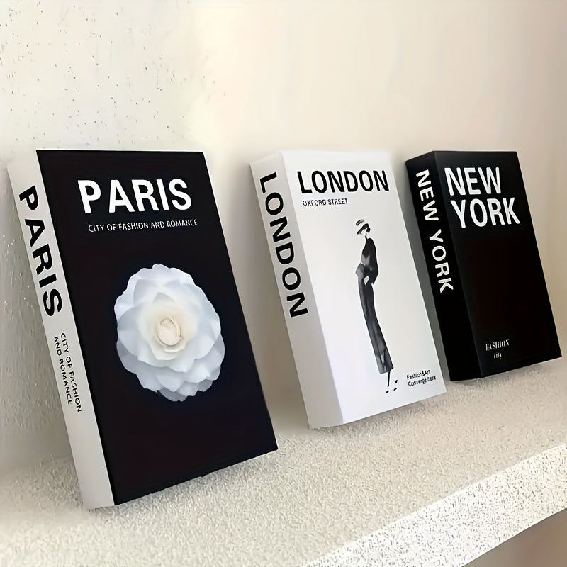 Juego de 3 libros decorativos de imitación en tapa dura, material de papel, estilo plegable, fácil de armar, ideal para decoración moderna en sala y dormitorio, uso en interiores y exteriores, no requiere electricidad, accesorios para fotografía