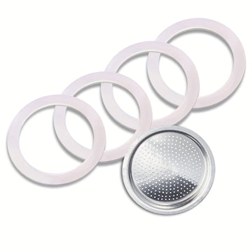 Juego de 4 anillos de sellado de silicón, 1 filtro, repuestos de grado alimenticio para cafetera Moka Express de aluminio de 6 tazas, Bialetti espresso y otras cafeteras, material duradero de acero inoxidable y silicón, fácil instalación