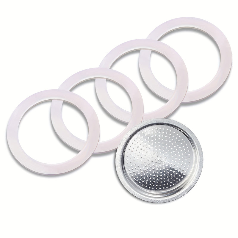 Juego de 4 anillos de sellado de silicón, 1 filtro, repuestos de grado alimenticio para cafetera Moka Express de aluminio de 6 tazas, Bialetti espresso y otras cafeteras, material duradero de acero inoxidable y silicón, fácil instalación