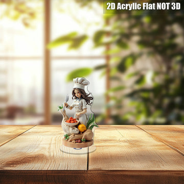 Decoración de chef femenina en cristal plano 2D - Adorno giratorio para mesa con tenedor y cuenco de ingredientes, ideal para decoración de cocina o regalo temático de cocinero | Diseño optimista y detallado, 2D plano