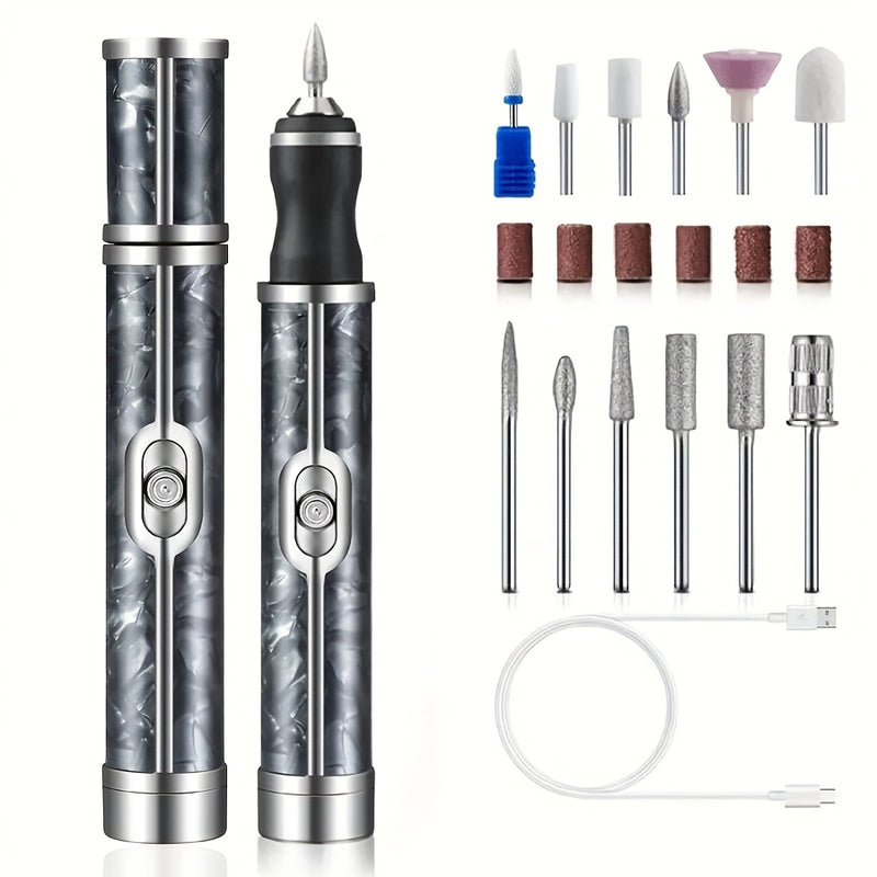 Polidor de uñas eléctrico - 12 piezas, juego de taladro de uñas, lima de uñas gruesa multifuncional, carga tipo C, batería de 180 mAh, polidor de uñas eléctrico de 4 velocidades para principiantes y profesionales, herramienta de desbridado y modelado de