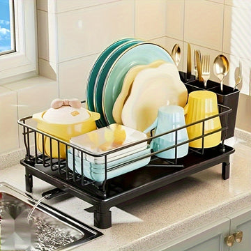 1pc Estante de Metal Ahorrador de Espacio con Portavasos y Tabla de Drenaje, Organizador de Cocina para Encimera, Estante de Acabado Pintado para Almacenamiento de Platos y Cubiertos - Negro/Blanco, Estante de Pie