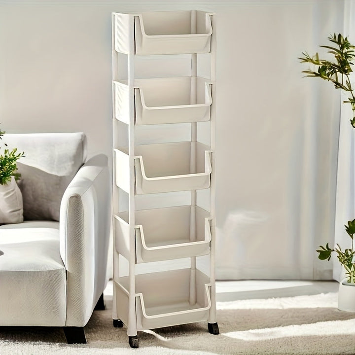 Estantería de Almacenamiento Plástica Blanca con 5 Niveles y Ruedas—Adecuada para Espacios Estrechos, Organizador al Piso con Diseño Sencillo para el Hogar, Ideal para Habitaciones Pequeñas