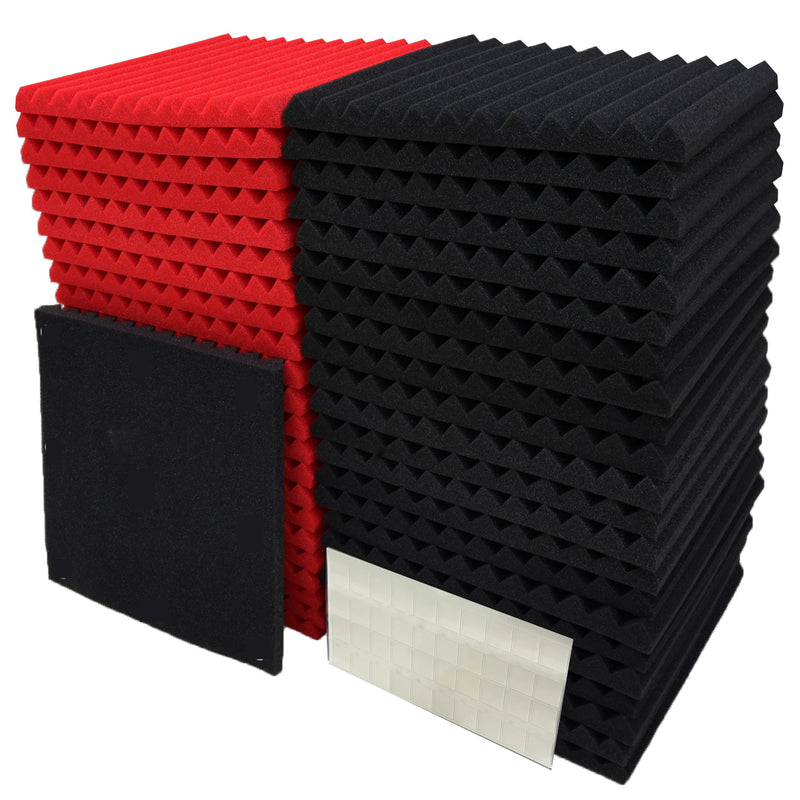 50 piezas de Paneles Cuña de Espuma Acústica VIBuilt - 30cm x 30cm x 2.5cm, Negros y Rojos para Estudio, Paneles Insonorizantes para Grabación, Instrumentos y Reducción de Ruido, Instalación Fácil, Diseño Modular