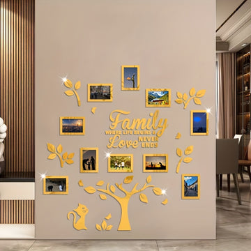 [Foto de Gato Acrílico Plateado] Marco de Fotos de Gato de Acrílico Plateado Dorado Negro DIY Pegatina Collage Árbol de Pared - 47.24×47.24in Conjunto de Decoración de Pared para Sala de Estar